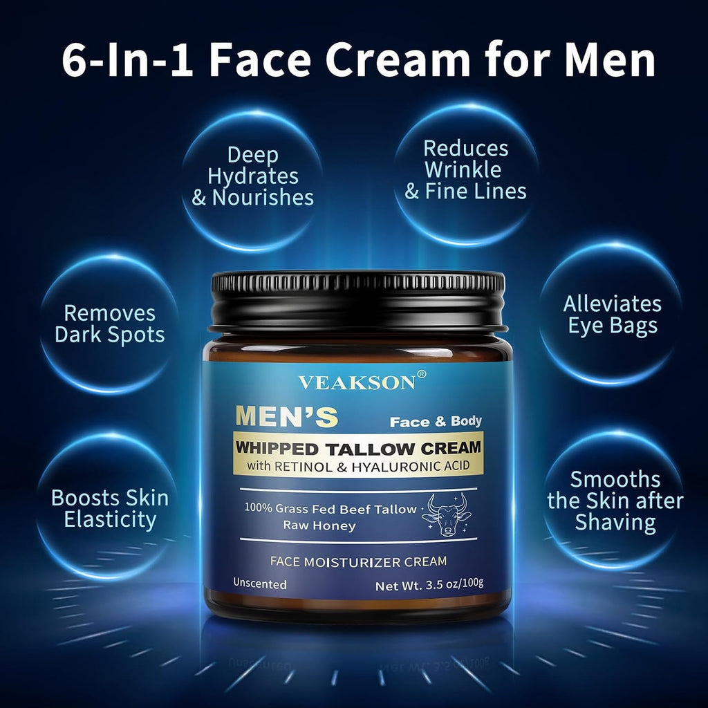 Men'S Beef Tallow For Skin, Organic Whipped Grass Fed Tallow And Honey Balm With Anti-Aging Retinol & Hyaluronic Acid, Mens Skin Care Face Cream Moisturizer, Reduces Wrinkles Lines, Unscented, 3.5 Oz