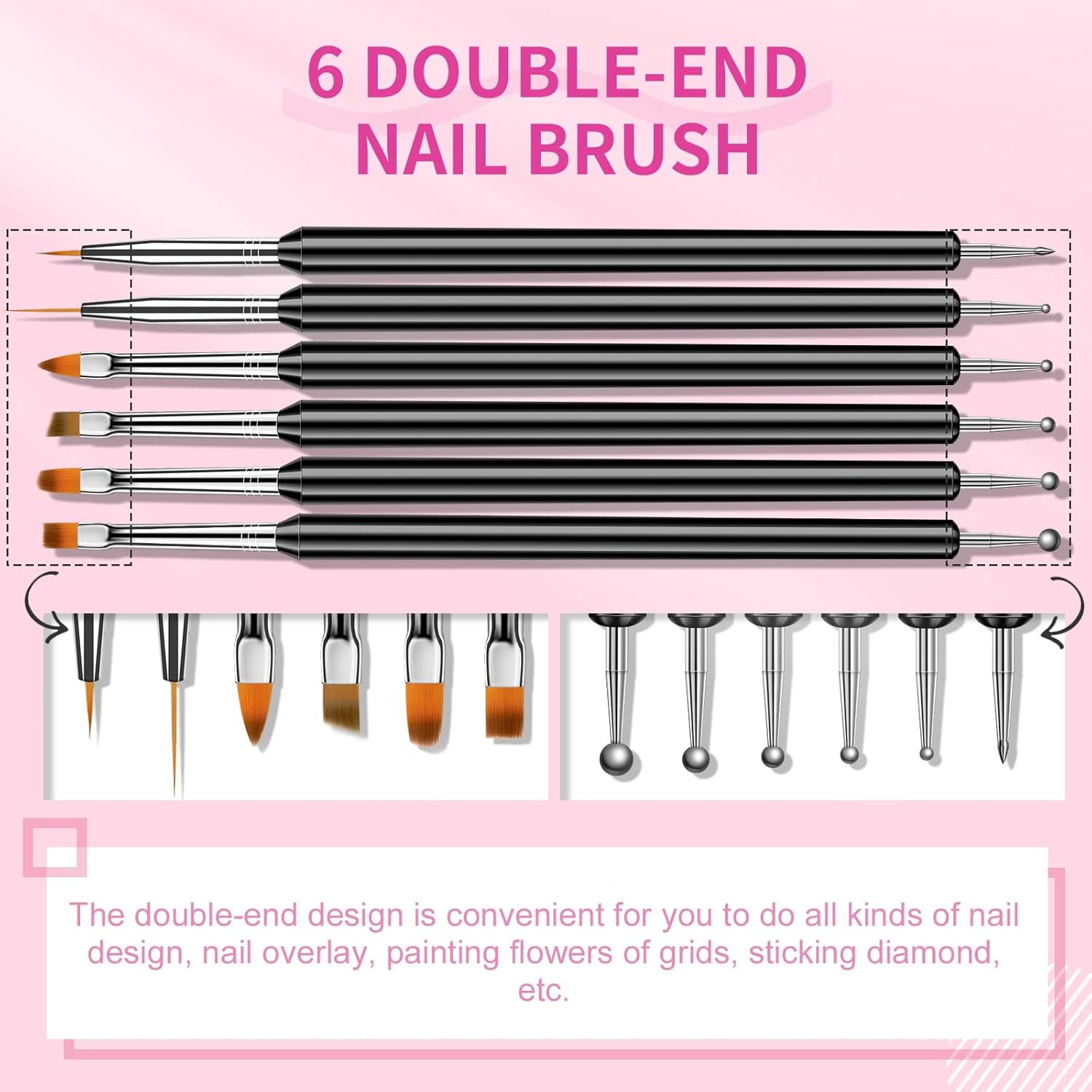 SAVILAND Nail Art Brushes Set - 6pcs Double-End Nail Art Tools Professional Nail Art Kit Dotting Tools Line Pen Painting Brushes for Gel Polish Nail Design French Manicure