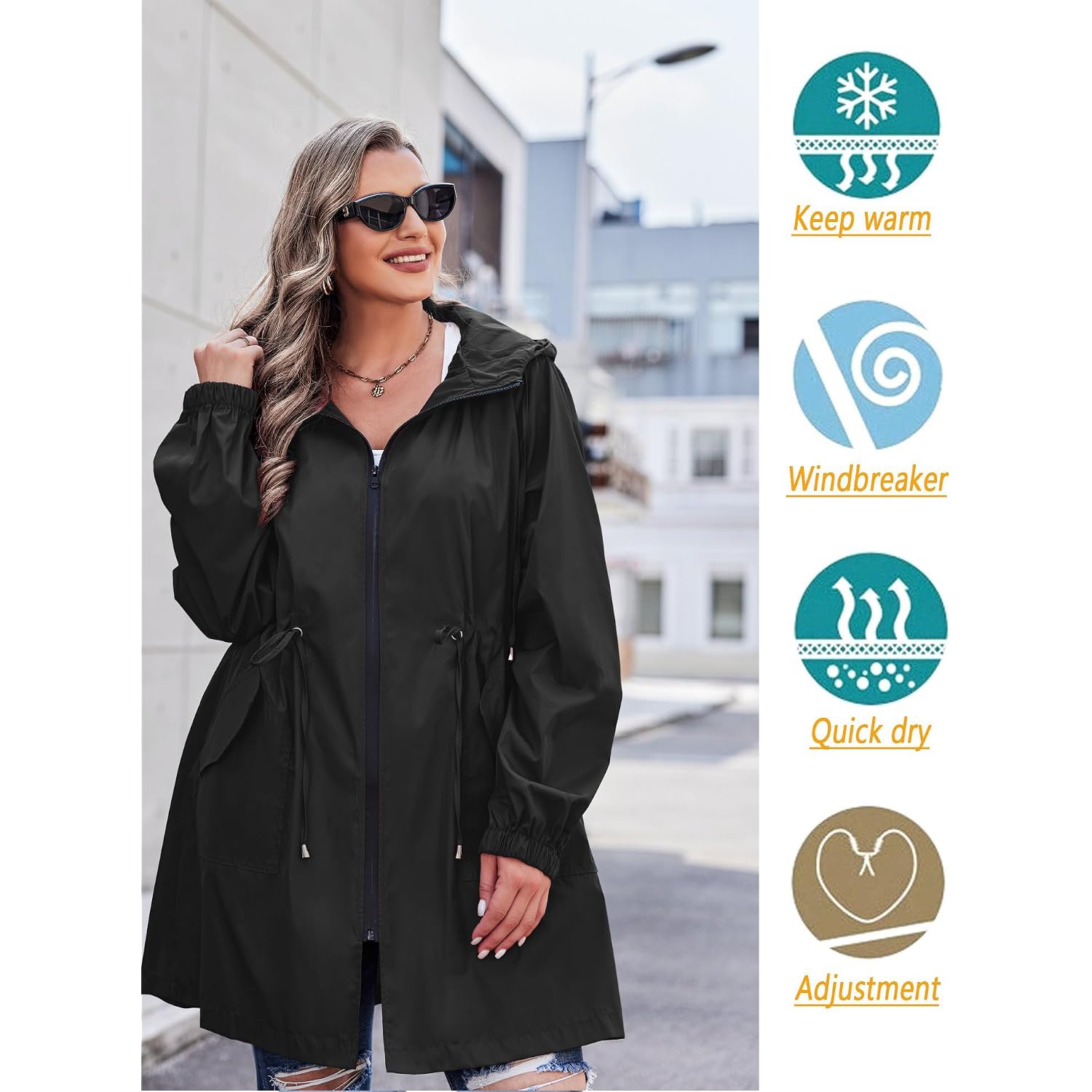 In'Voland Women'S Rain Jacket Plus Size Long Raincoat Lightweight Hooded Windbreaker Waterproof Jackets With Pockets