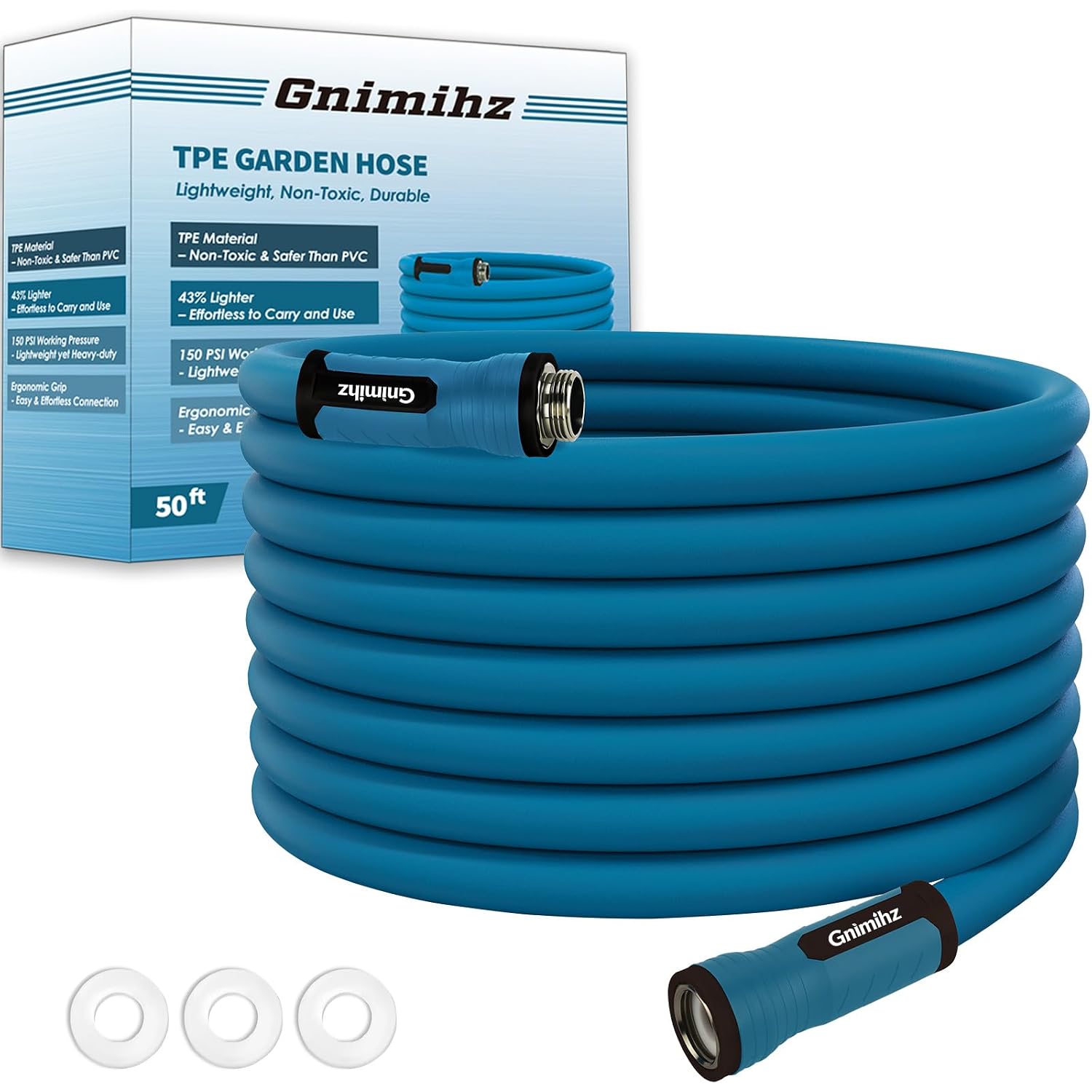 Garden Hose 5/8 In X 50 Ft, Made Of Tpe (Betterthan Pvc/Hybrid Polymer), Lightweight Yet Durable Water Hose With Ergonomic Grip, Drinking Water Safe Material, All-Weather, 3/4" Ght Fittings