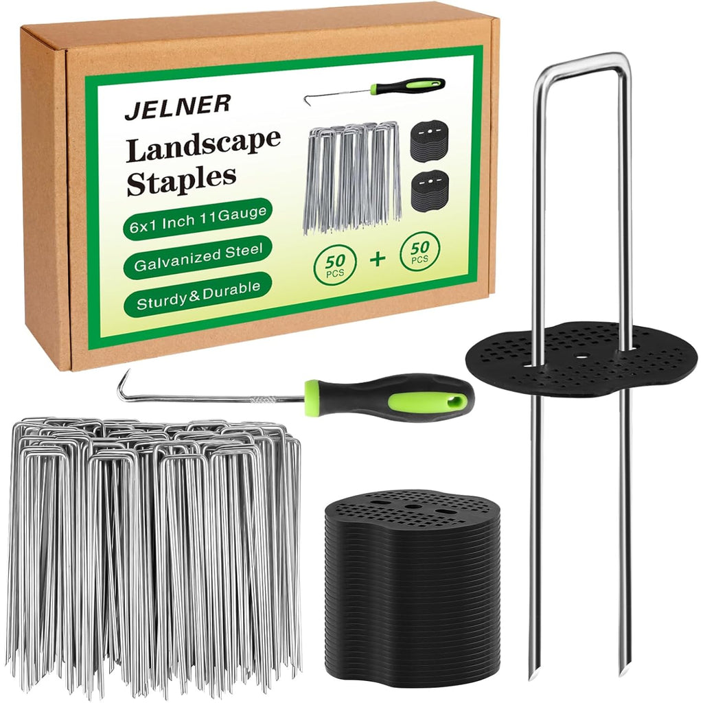 Jelner Garden Stakes,6 Inch 11 Gauge 50Pcs Galvanized Landscape Staples + 50Pcs Gaskets + 1Pick Hook,Tent Stakes Landscaping Fabric Sod Pins For Weed Fabric Barrier,Groud Cover,Fence