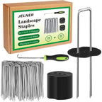 Jelner Garden Stakes,6 Inch 11 Gauge 50Pcs Galvanized Landscape Staples + 50Pcs Gaskets + 1Pick Hook,Tent Stakes Landscaping Fabric Sod Pins For Weed Fabric Barrier,Groud Cover,Fence