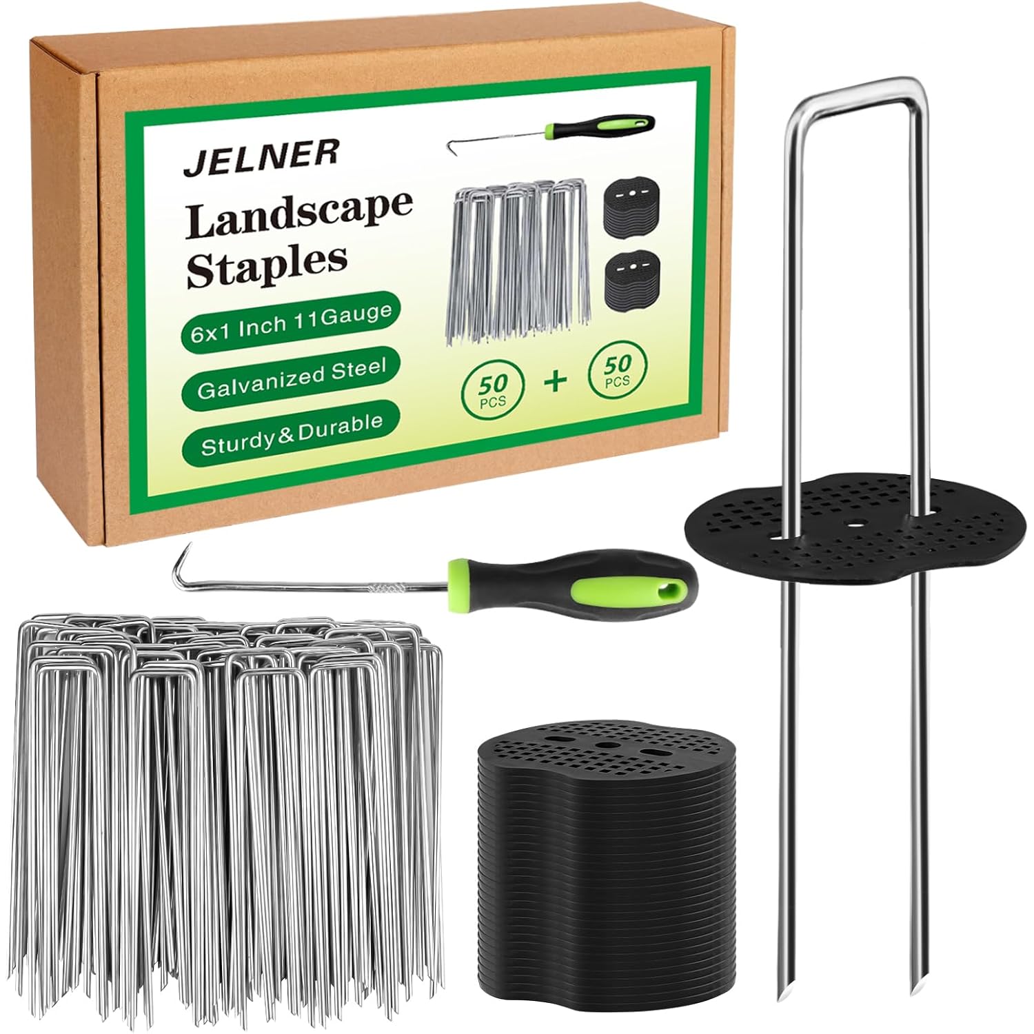Jelner Garden Stakes,6 Inch 11 Gauge 50Pcs Galvanized Landscape Staples + 50Pcs Gaskets + 1Pick Hook,Tent Stakes Landscaping Fabric Sod Pins For Weed Fabric Barrier,Groud Cover,Fence