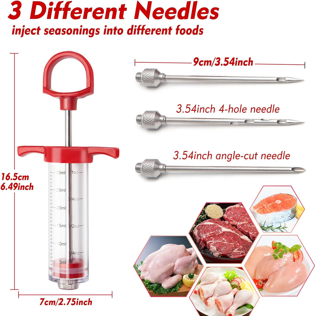 Meat Injector, 1-Oz Plastic Bbq Marinade Injector Kit, Turkey Injector Syringe (3 Stainless Steel Meat Needles +3 Replacement O Rings + 1 Cleaning Brush) For Turkey Smoked Bbq Grill