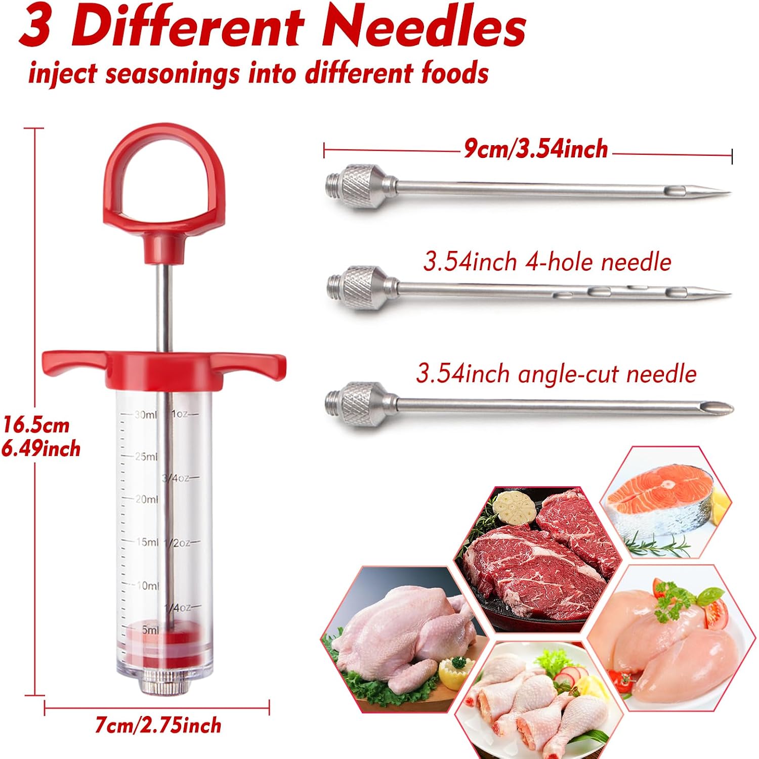 Meat Injector, 1-Oz Plastic Bbq Marinade Injector Kit, Turkey Injector Syringe (3 Stainless Steel Meat Needles +3 Replacement O Rings + 1 Cleaning Brush) For Turkey Smoked Bbq Grill
