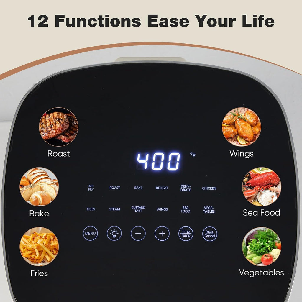 Olixis Air Fryer 6 Quart With Window Square Airfryer 12-In-1 Air Frys, Roast, Reheat, Dehydrate, Bake, Steam, Fries, Custard, Chicken, Wings, Sea Food, Vegetabels,400F, White