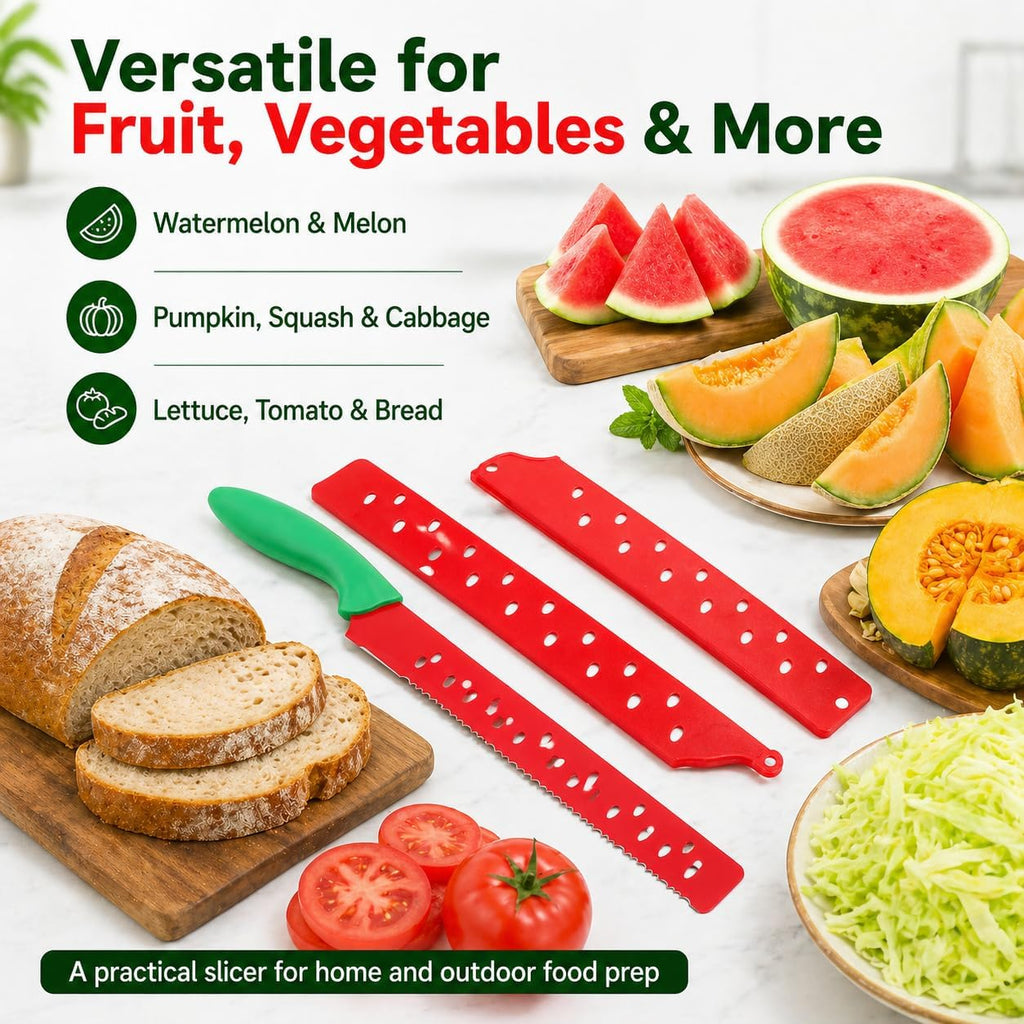 Watermelon Knife With Sleeve For Melon Cutting, Long Serrated Bread Lettuce Vegetable Knife, Kitchen Fruit Melon Tomato Cutter Slicer, With Cover For Home Summer Party Camping Outdoor (Red Green)