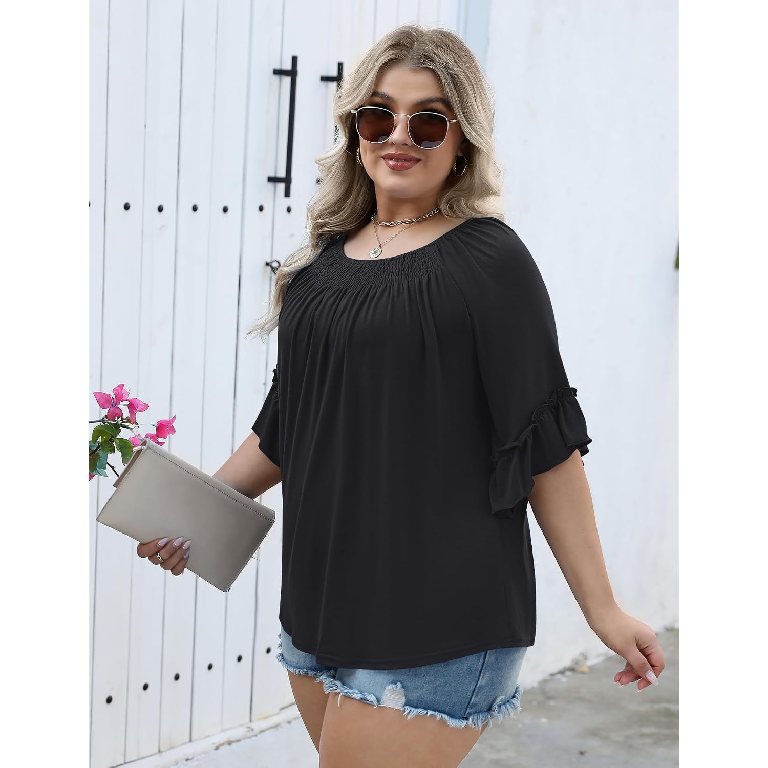Micoson Womens Plus Size Tops 3/4 Ruffle Sleeve Shirts Crewneck Pleated Blouses Dressy Casual Fashion Tunic Top (1X-5X)