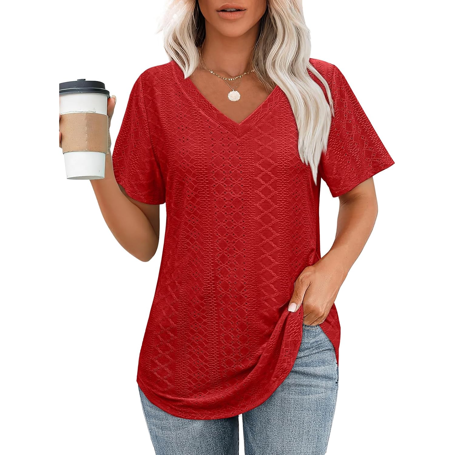 Ofeefan Womens T Shirts V Neck Short Sleeve Casual Tops Loose Fit Basic Tees With Curved Hem