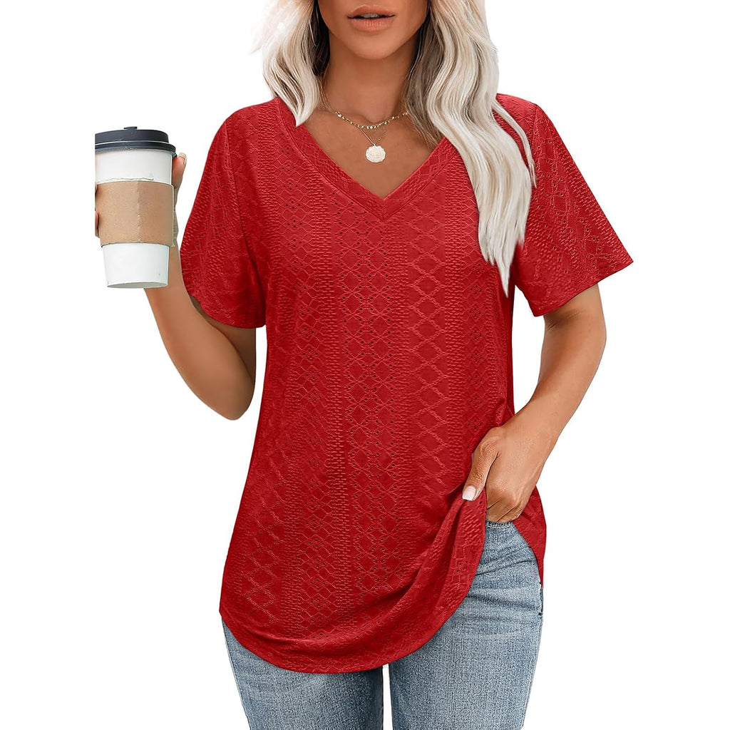 Ofeefan Womens T Shirts V Neck Short Sleeve Casual Tops Loose Fit Basic Tees With Curved Hem