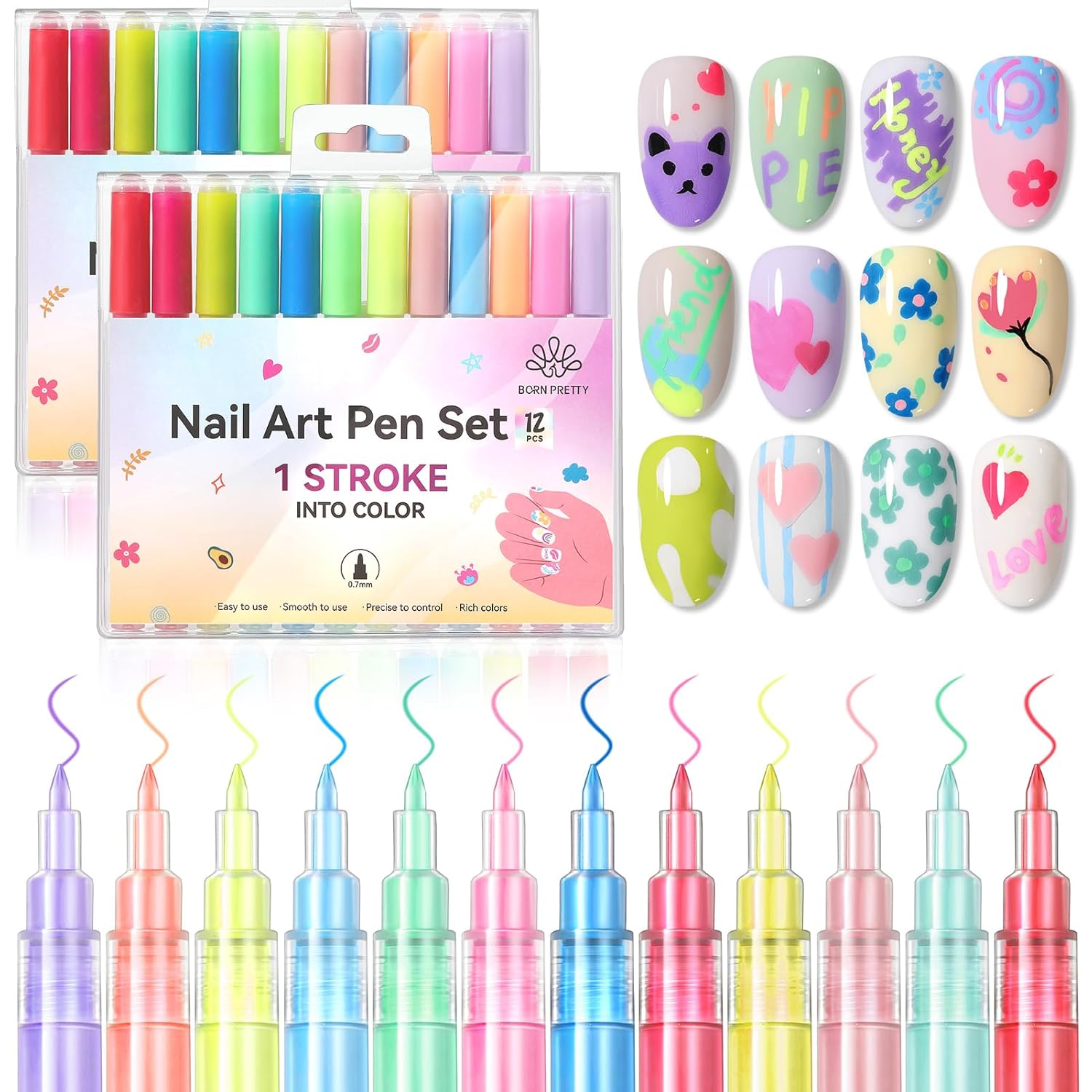 BORN PRETTY Nail Art Pens Set 12 Colors - Spring Summer Neon Colors 3D Nail Polish Acrylic Paint Pens Quick Dry Nail Markers for Easter Nail Art Drawing Painting Dotting Liner Pen DIY Manicure Tools