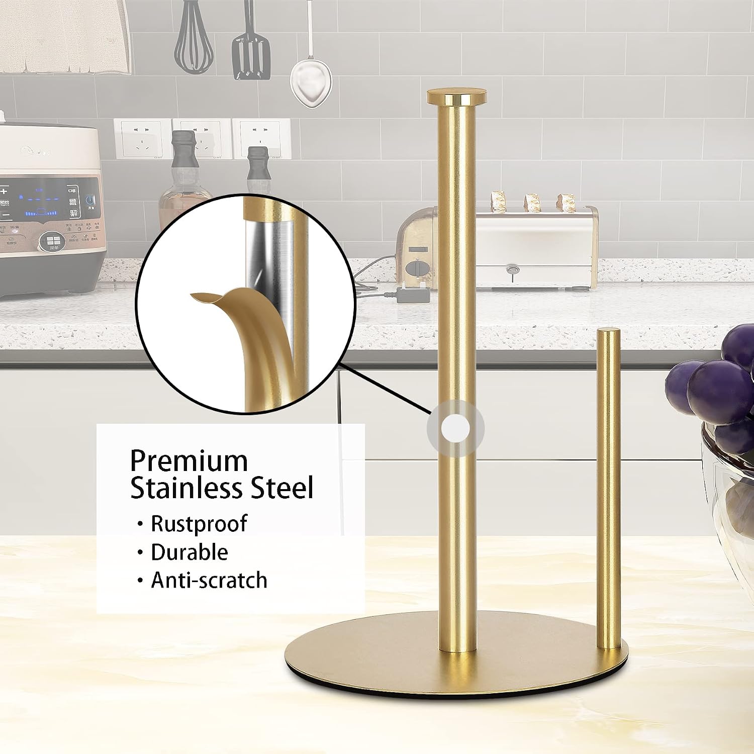Oboding Gold Countertop Paper Towel Holder, Stainless Steel, Modern Kitchen And Bathroom Organization