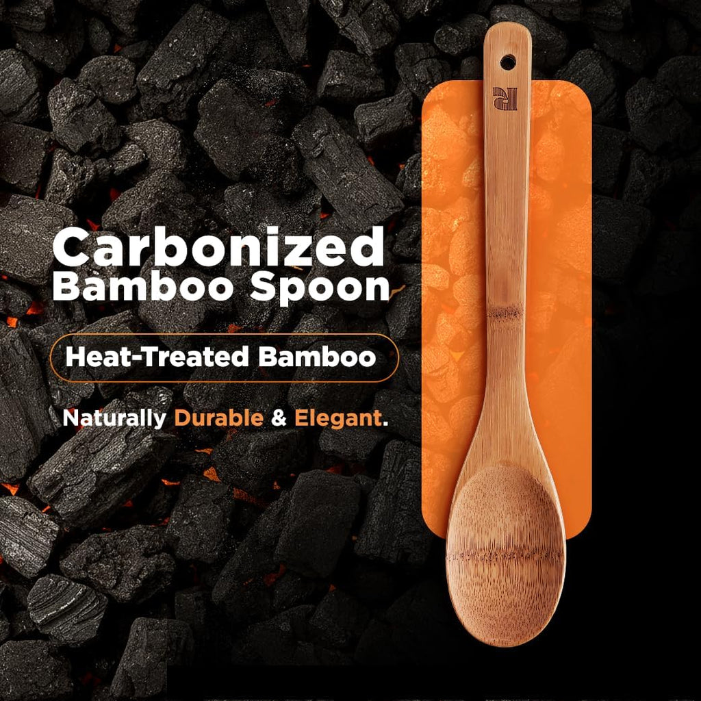 Riveira Dark Bamboo Wooden Spoons For Cooking 6-Piece, Apartment Essentials Wood Spatula Spoon Nonstick Kitchen Utensil Set Premium Quality Housewarming Gifts For Everyday Use
