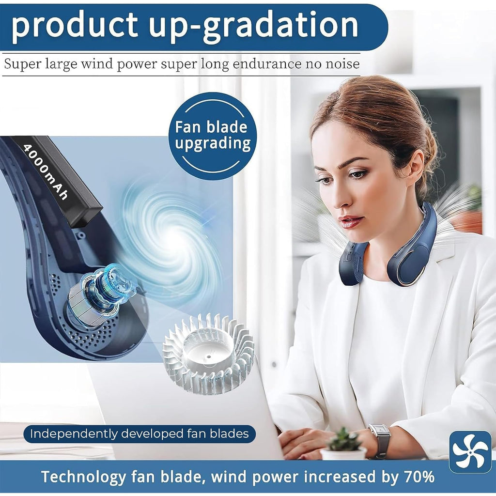Asnug Neck Fan, Usb Rechargeable Personal Fan, 4000 Mah Battery Operated, 3 Speeds Adjustable, Faster Cooling, Ultra Quiet, Suitable For Home, Office, Travel, Sports