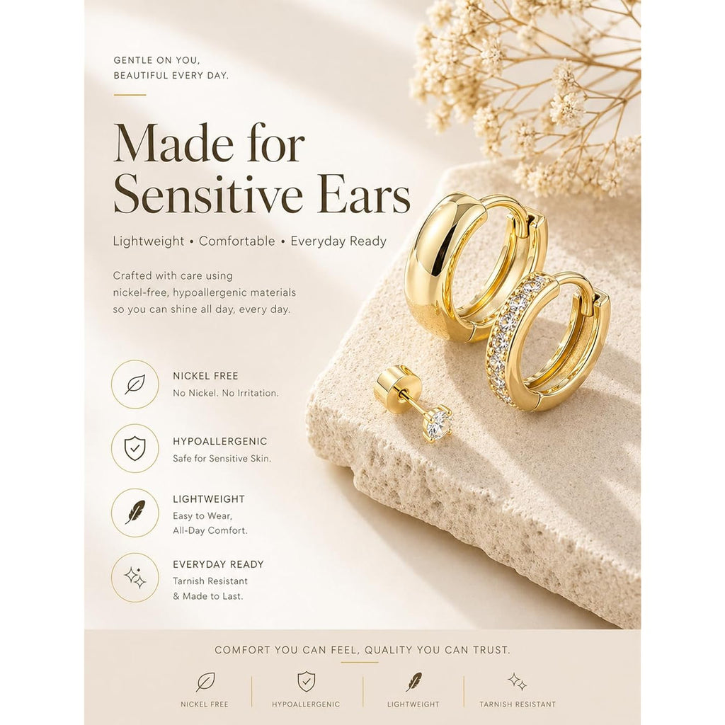 Gold Earring Stack for Women, 3 Pairs 14K Gold Plated Small Huggie Hoop & CZ Stud Earrings Set, Hypoallergenic Dainty Earrings for Multiple Piercings, Second Hole Cartilage Earrings