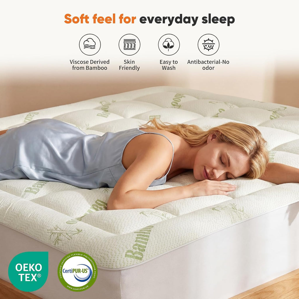 Sweetcrispy Ultra Soft Mattress Topper Twin Size - Viscose Made From Bamboo Pillow Top Mattress Pad For Breathable Cooling & Back Pain Relief, Deep Pocket Comfort Bed Topper, Green