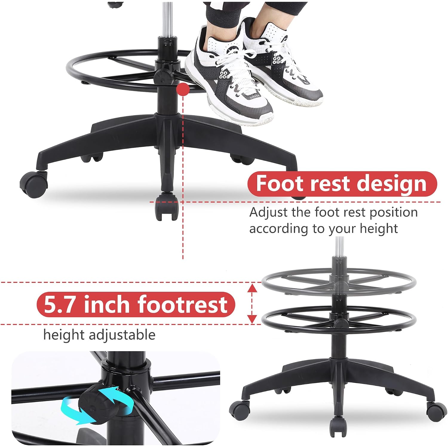 Bestoffice Drafting Chair Tall Office Chair Adjustable Swivel Rolling Mesh Height With Lumbar Support Arms Footrest Mid Back For Adults Standing Desk Drafting Stool(Black)