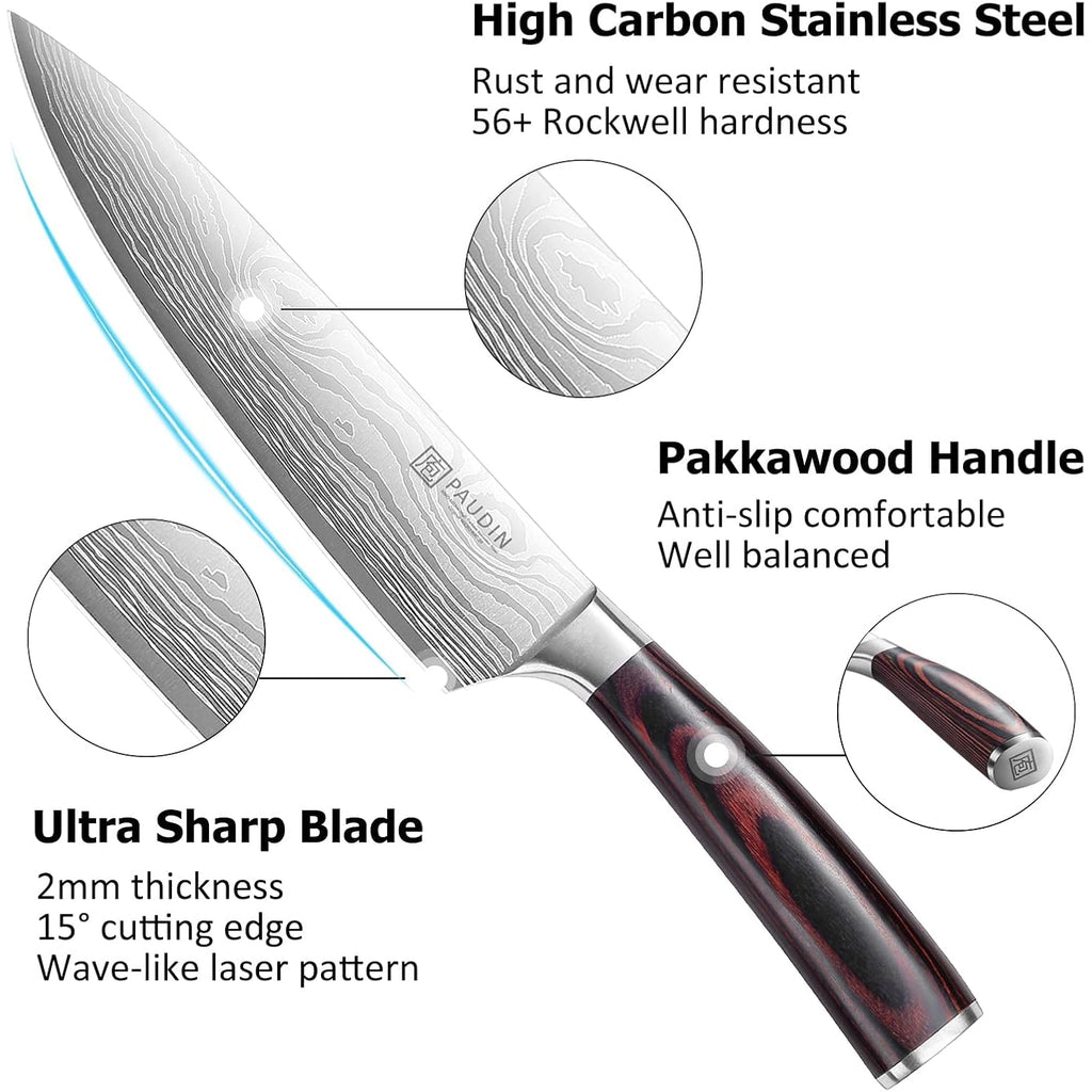 Paudin Kitchen Knife Set, 3 Piece High Carbon Stainless Steel Professional Chef Knife Set With Ultra Sharp Blade & Wooden Handle (Kitchen Knife Set 3 Pcs)