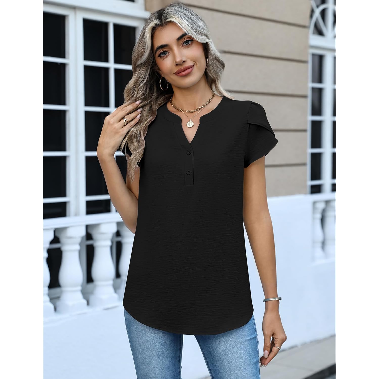 Womens Tops Dressy Casual Textured Blouses Cap Short Sleeve Shirts V Neck Button Up Summer Spring Work Tshirt Clothes