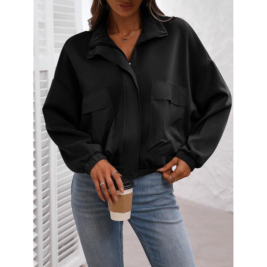 Women'S Cropped Oversized Safari Jackets Zip Up Stand Collar Neck Long Sleeve Utility Anorak Jacket With Pocket