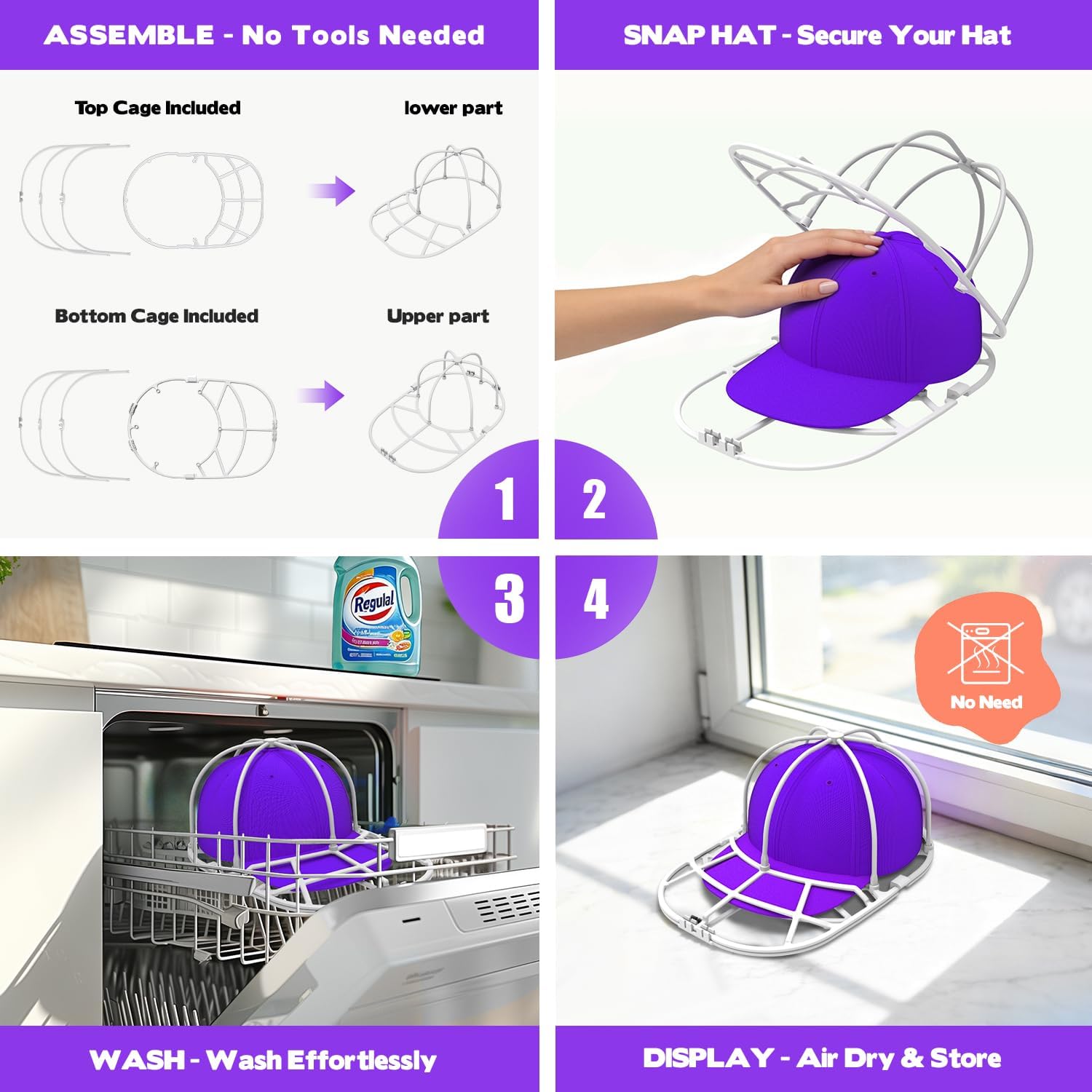 Hat Washer Cage For Washing Machine – Baseball Cap Cleaner Rack For Washer & Dishwasher, Structured Cap Shaper & Protector For Hats – 1 Pack (Assembly Required)