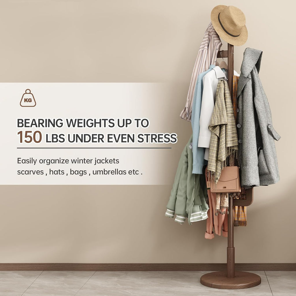 Solid Wood Cactus Coat Rack, Freestanding Coat Rack With 6 L-Shaped Hooks And 3 Adjustable Sizes, Coat Tree For Bedroom, Entryway, Livingroom, Coat Hanger Stand For Coats, Handbags (Walnut)