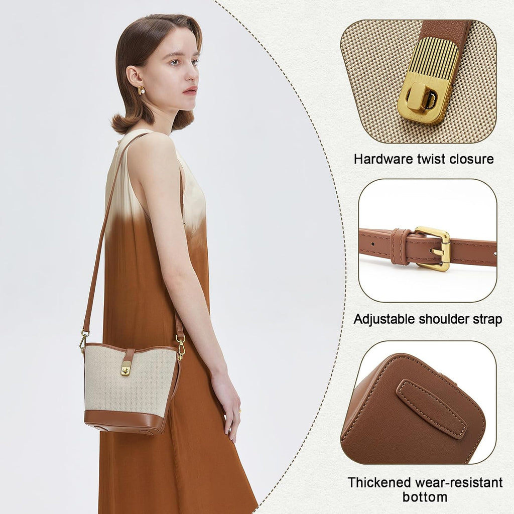 Foxlover Coated Canvas Bucket Crossbody Bags For Women Top-Handle Handbags Small Satchel Purse Trendy Twist Lock