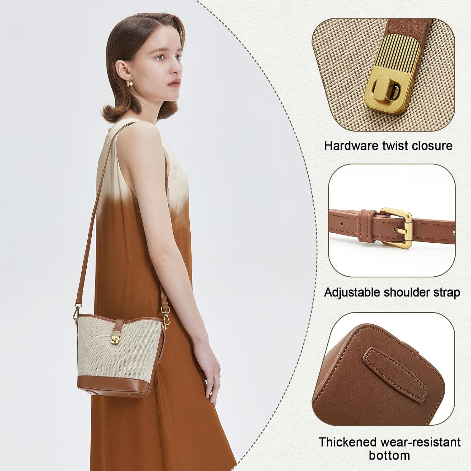 Foxlover Coated Canvas Bucket Crossbody Bags For Women Top-Handle Handbags Small Satchel Purse Trendy Twist Lock