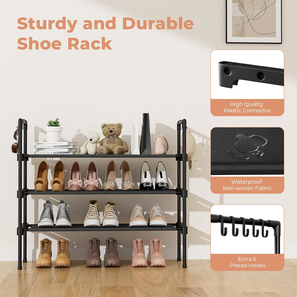 3 Tier Shoe Rack For Closet, Shoe Organizer With 5 Hooks, Long Shoe Shelf Storage For Sneaker And Boot Stackable Free Standing Shoe Rack For Entryway, Garage, Small Spaces, Dorm