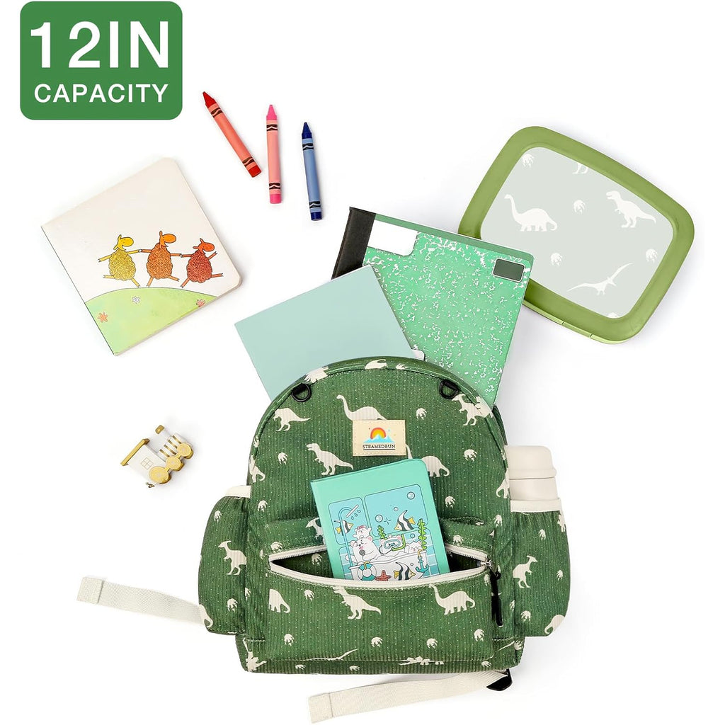Steamedbun Corduroy Toddler Backpack For Boys 2-4: Kids Backpack For Boys Girls - 12 Inch Preschool Kindergarten Backpacks - Dinosaur