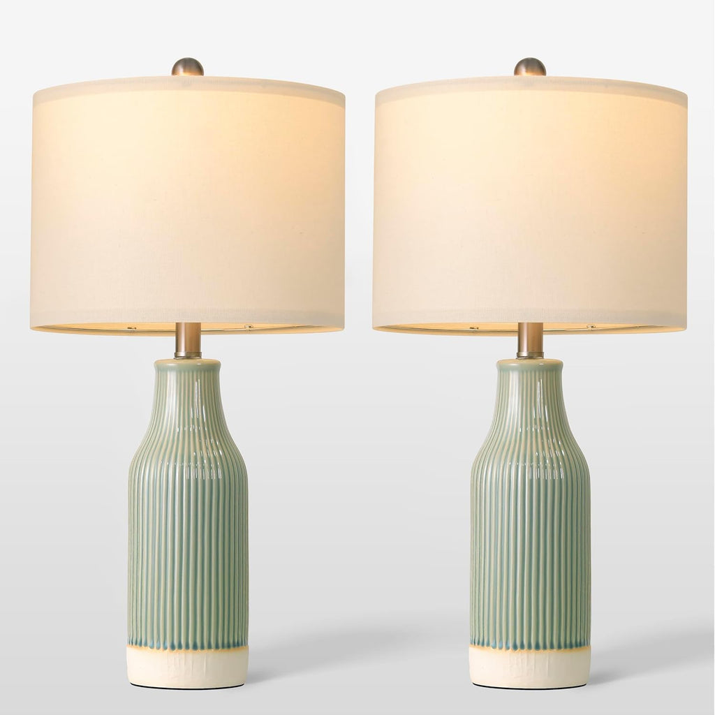 23.75" Modern Ceramic Table Lamps Set Of 2, Stylish Bedside Lamps For Bedroom, Gorgeous Lamps For Nightstand, Lamps For Living Room, Farmhouse End Table Lamps, Light Green Home Decor