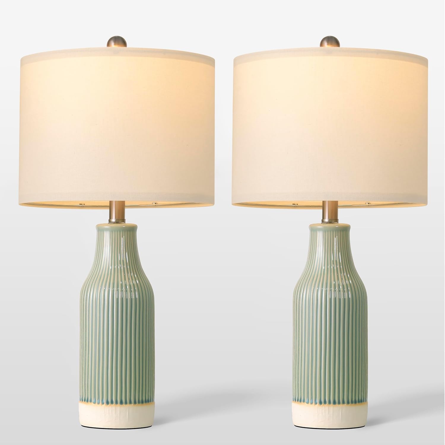 23.75" Modern Ceramic Table Lamps Set Of 2, Stylish Bedside Lamps For Bedroom, Gorgeous Lamps For Nightstand, Lamps For Living Room, Farmhouse End Table Lamps, Light Green Home Decor