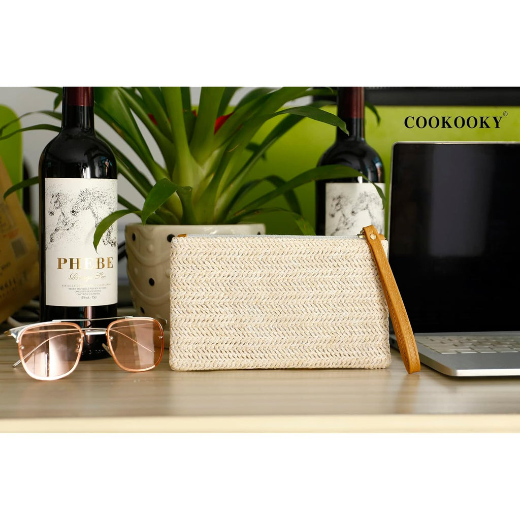 COOKOOKY Womens Straw Clutch Bag Bohemian Summer Beach Straw Purse Zipper Wristlet Wallets for Women
