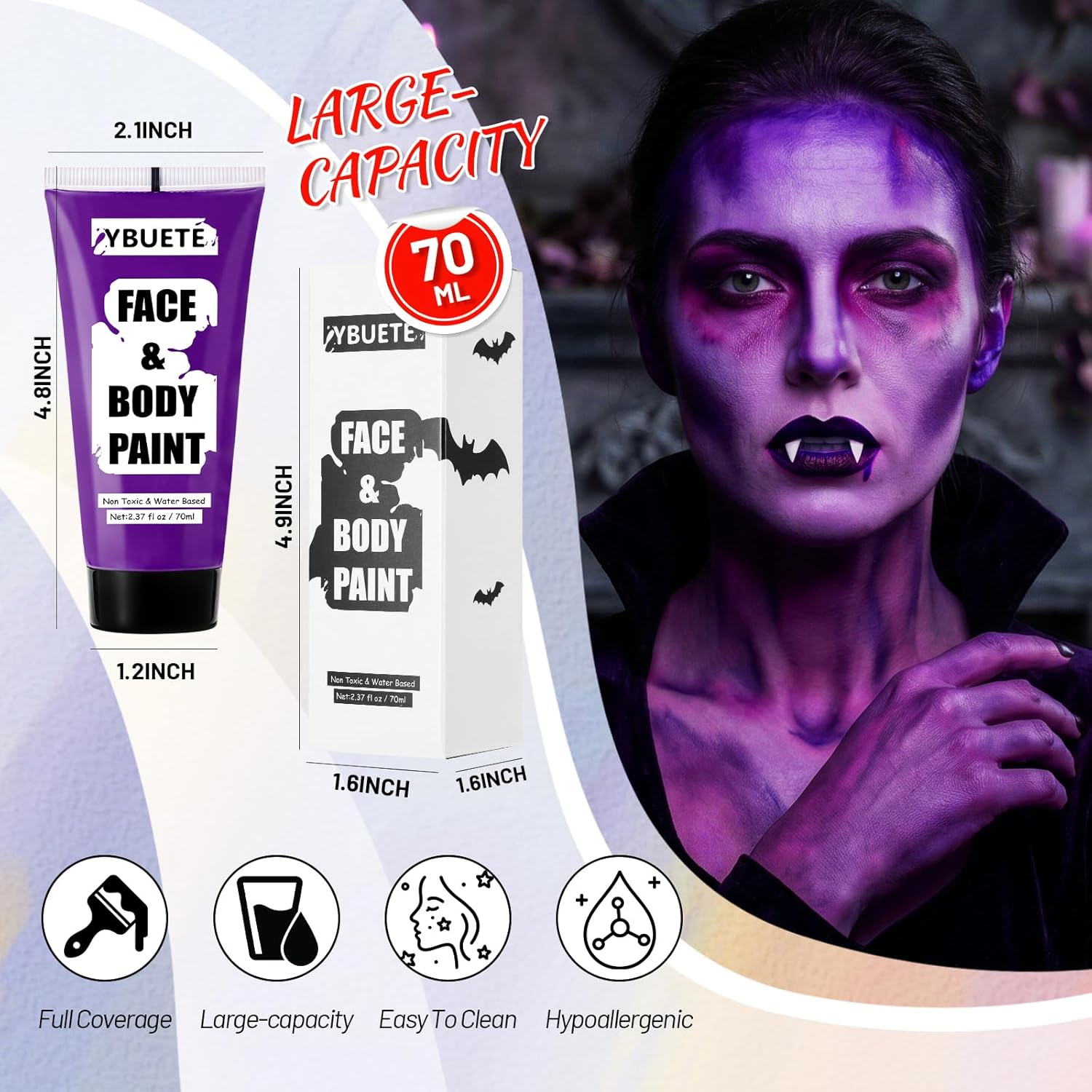 YBUETE Purple Water Based Face Body Paint, 2.37 OZ Large Tube Full Coverage Face Paint for Sorcerer Evil Empress Cosplay SFX Makeup, Washable Purple Body Painting for Adult Costume Halloween Party