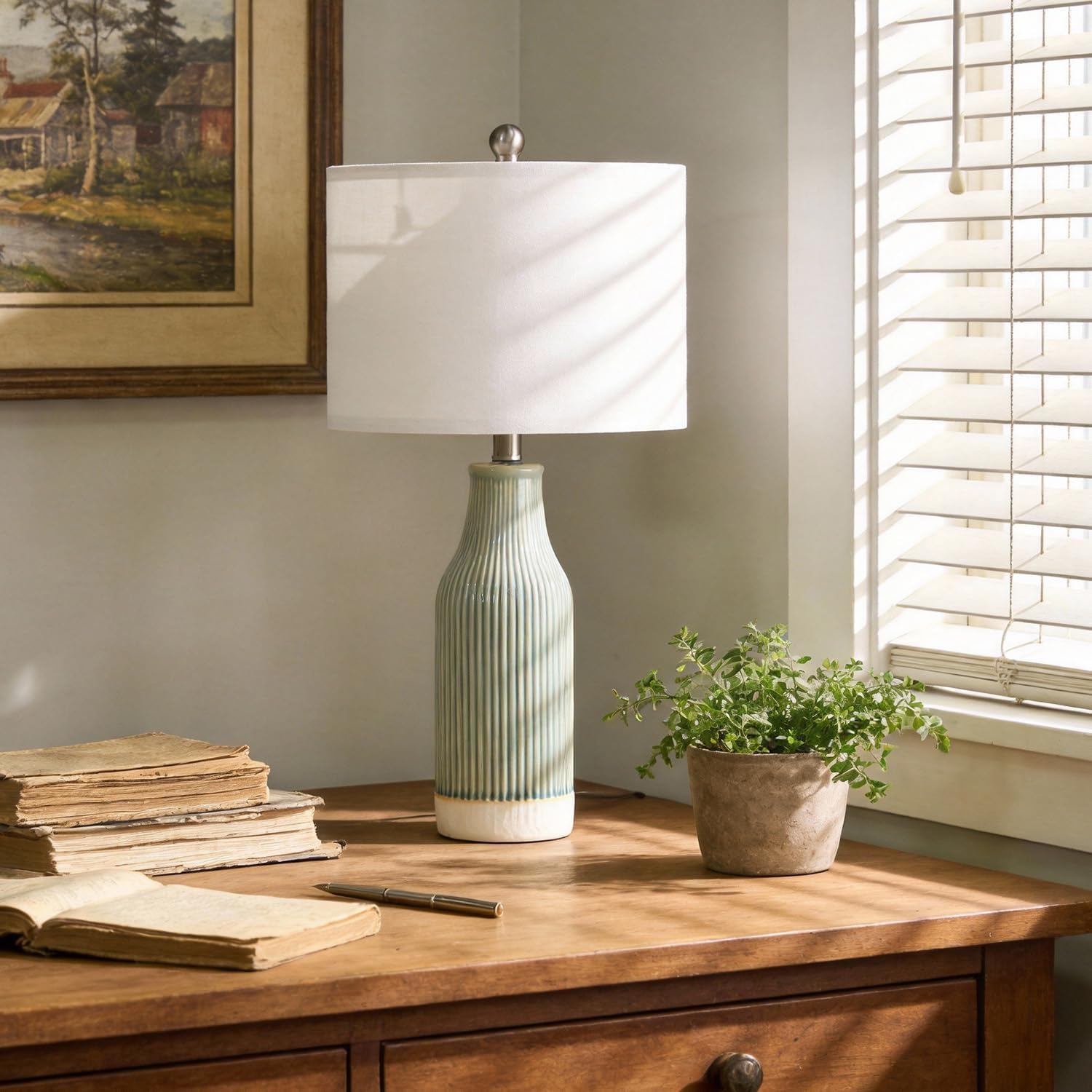 23.75" Modern Ceramic Table Lamps Set Of 2, Stylish Bedside Lamps For Bedroom, Gorgeous Lamps For Nightstand, Lamps For Living Room, Farmhouse End Table Lamps, Light Green Home Decor