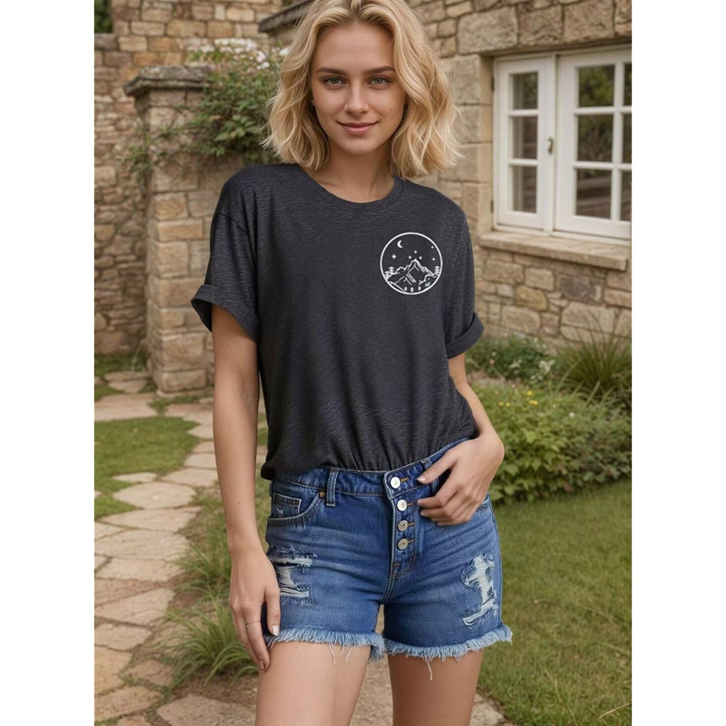 Moon and Sun Shirts Women Vintage Graphic Tshirt Mountain Hiking Short Sleeve Vacation T-Shirt Tops Grey