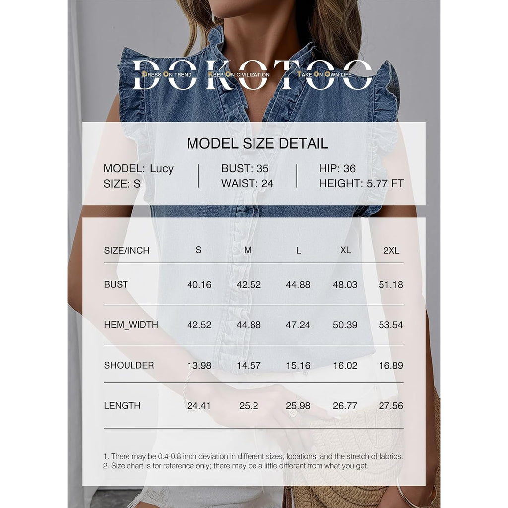 Dokotoo Denim Vest Top For Women Casual Summer Jean Vest Top Button Down Peplum V Neck Sleeveless Denim Shirt