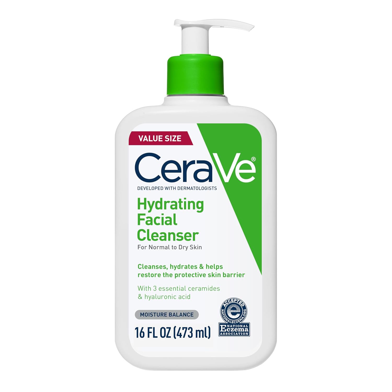 Cerave Hydrating Facial Cleanser, Moisturizing Face Wash For Dry Skin, Hyaluronic Acid + Ceramides + Glycerin, Hydrating Cleanser For Normal To Dry Skin, National Eczema Association Certified, 16 Oz