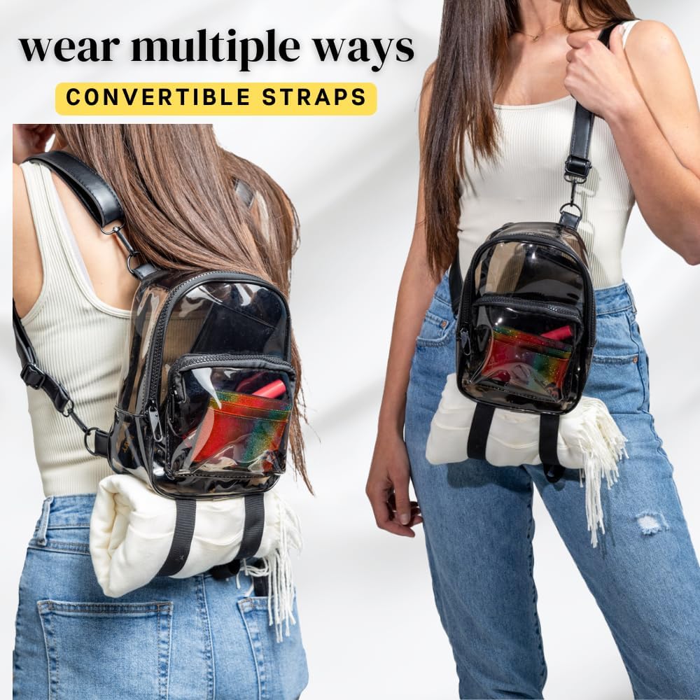 Otw Onthewae Anti-Theft Black Clear Transparent Small Mini Backpack Convertible Straps Crossbody For Raves Stadium Festival Concert (Mini W Strap - Black)