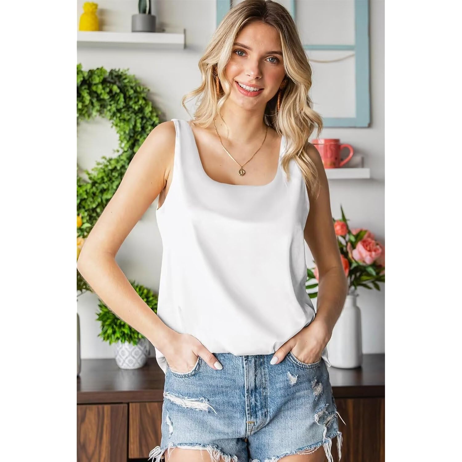 BLENCOT Women Satin Tank Top Casual Camisole Summer Shirt Basic Fashion Dressy Sleeveless Blouses S-2XL