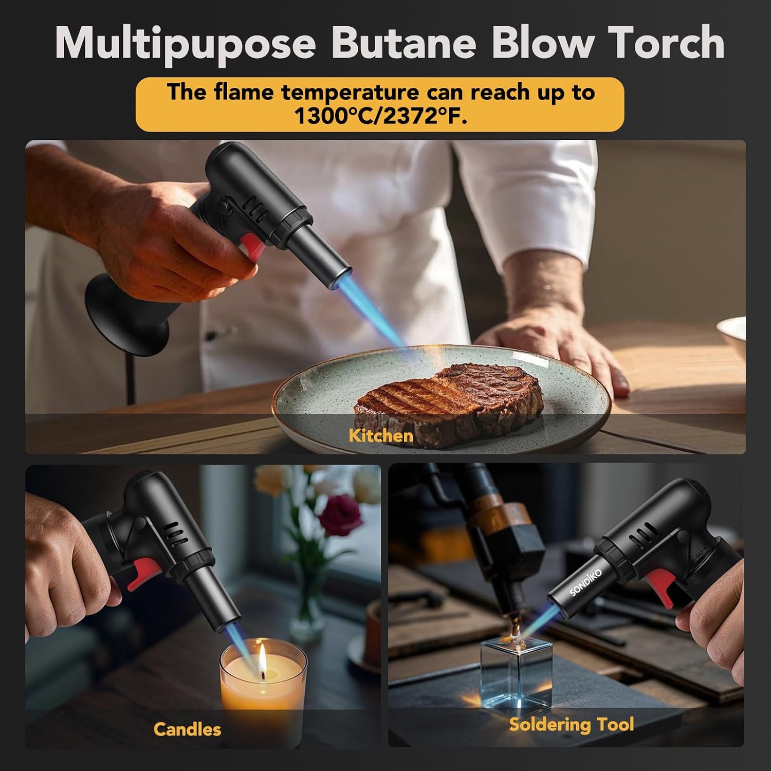 Sondiko Butane Torch Lighter With Visible Fuel Window, Refillable Soldering Torch With Adjustable Flame For Welding, Resin Art, Industrial (Butane Gas Not Included)