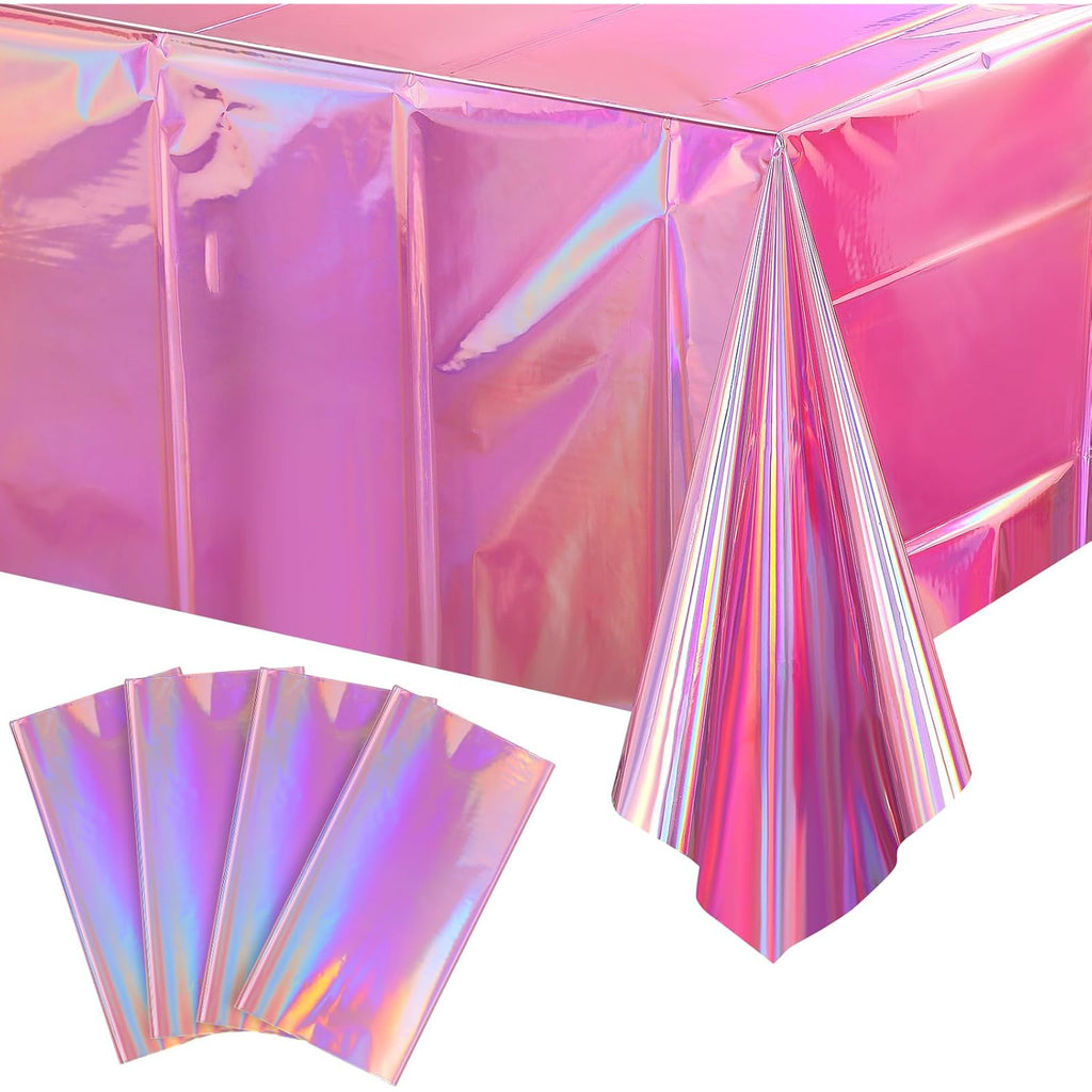 4 Pack Iridescent Pink Plastic Tablecloths, FunnyPars Shiny Disposable Laser Rectangle Table Covers, Holographic Foil Tablecloth Iridescent Party Decorations for Kpop Birthday Wedding Xmas, 54x108Inch