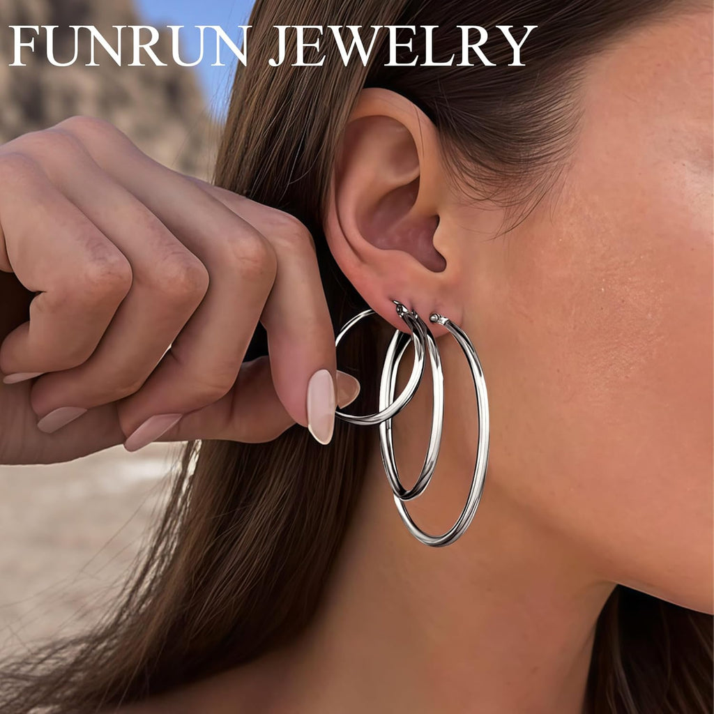 FUNRUN JEWELRY 5 Pairs 925 Sterling Silver Hoop Post Earrings for Women-Small 14K Gold Silver Hoops Earrings,Hypoallergenic Silver Hoop Earring for Women-Medium Big Hoops Stack Earring 10/14/20/30/40mm