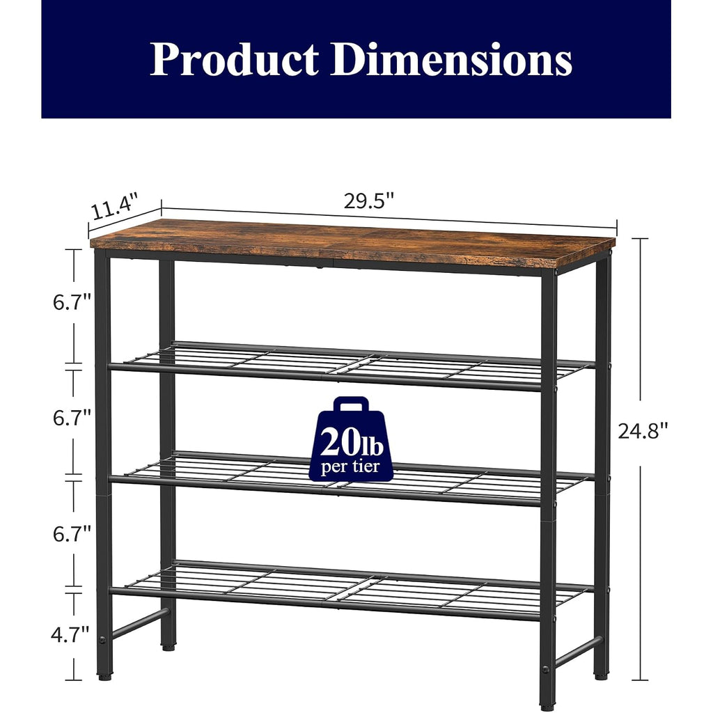 Kitsure Shoe Rack For Closet, Rustic Brown Shoe Organizer With Leveling Feet, Sturdy & Rust-Proof Shoe Storage For Entryway, Bedroom, Living Room, 29.5" X 11.4" X 24.8", Brown