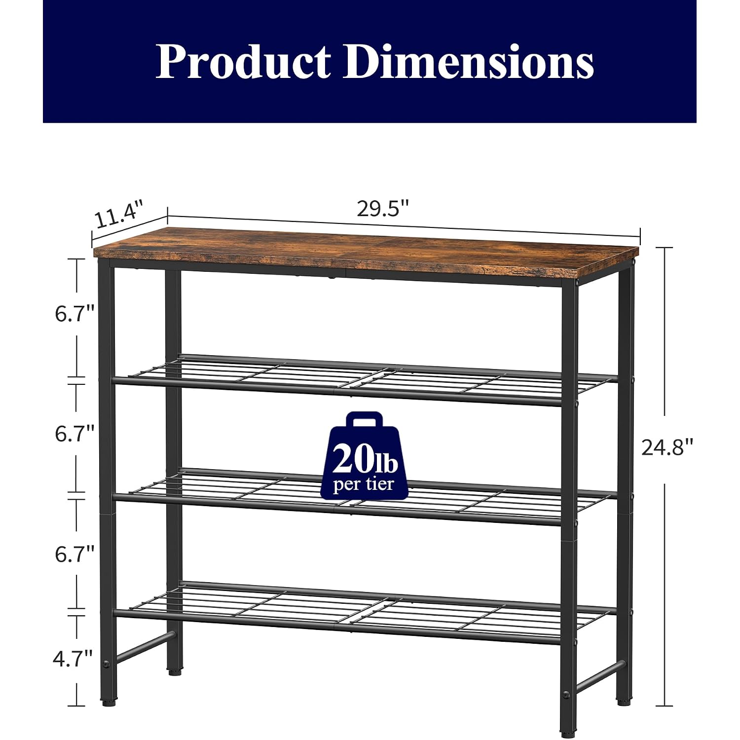 Kitsure Shoe Rack For Closet, Rustic Brown Shoe Organizer With Leveling Feet, Sturdy & Rust-Proof Shoe Storage For Entryway, Bedroom, Living Room, 29.5" X 11.4" X 24.8", Brown