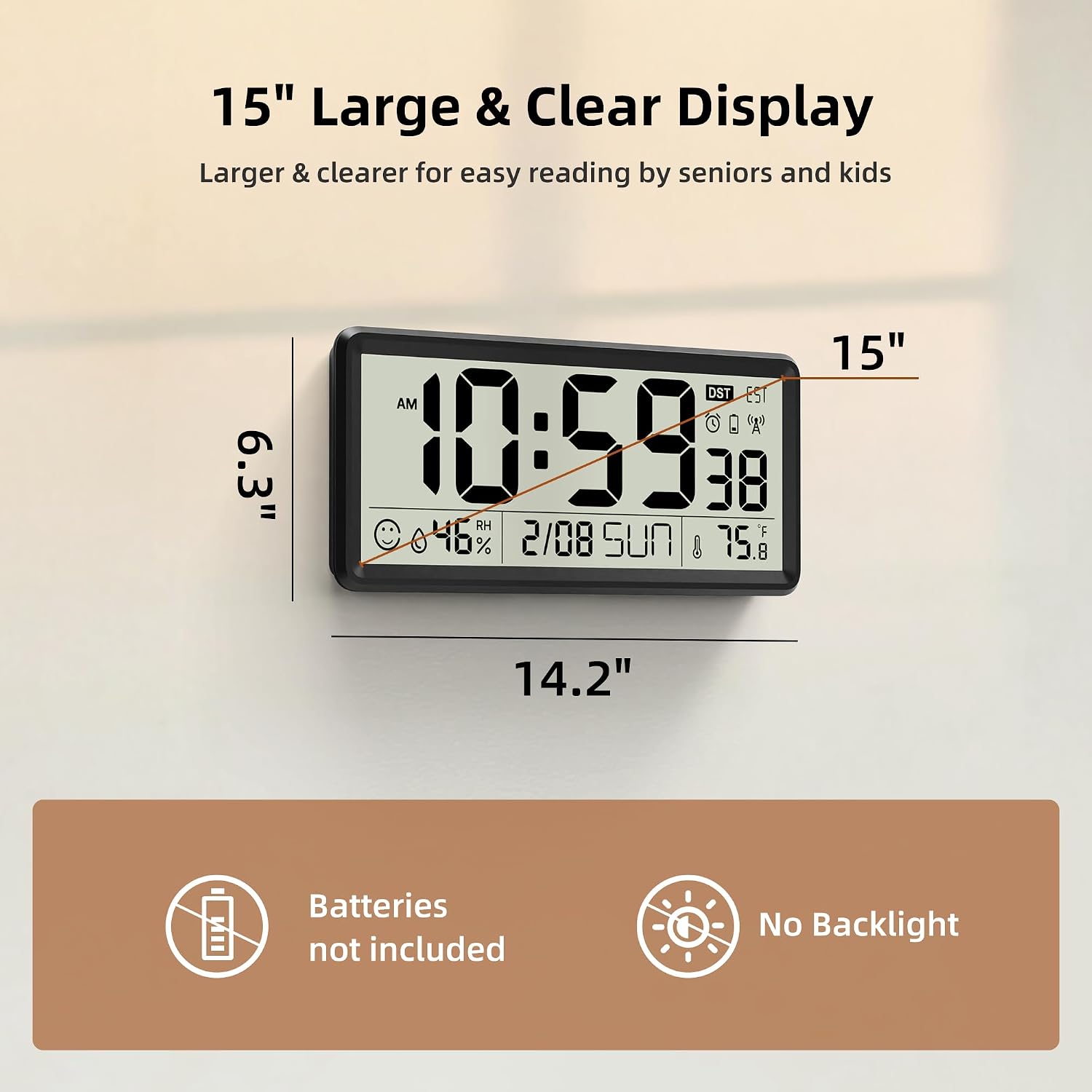 Easyera 15'' Large Digital Atomic Wall Clocks Battery Operated, Auto Dst