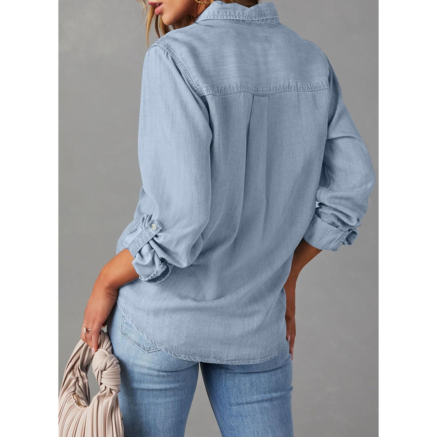 Astylish Women Button Down Denim Shirts Casual Long Sleeve V Neck Chambray Blouse Top