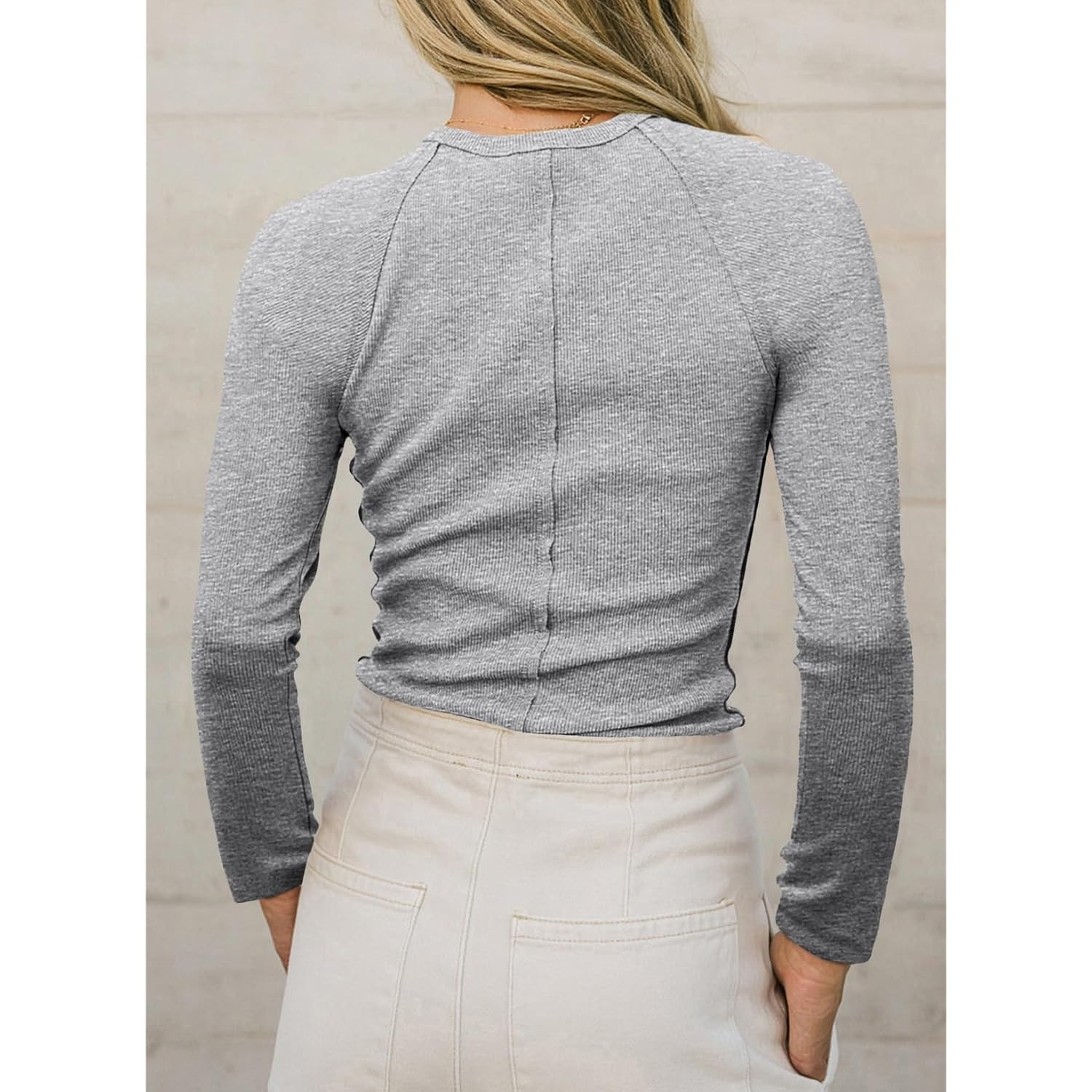 Sidefeel Womens Tops Casual Crewneck Long Sleeve Tops Ribbed Raw Hem Spring T Shirts Slim Fit Basic Tees Blouses