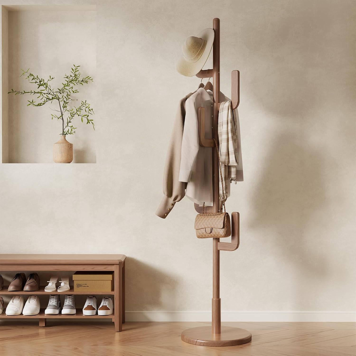 Solid Wood Cactus Coat Rack, Freestanding Coat Rack With 6 L-Shaped Hooks And 3 Adjustable Sizes, Coat Tree For Bedroom, Entryway, Livingroom, Coat Hanger Stand For Coats, Handbags (Walnut)