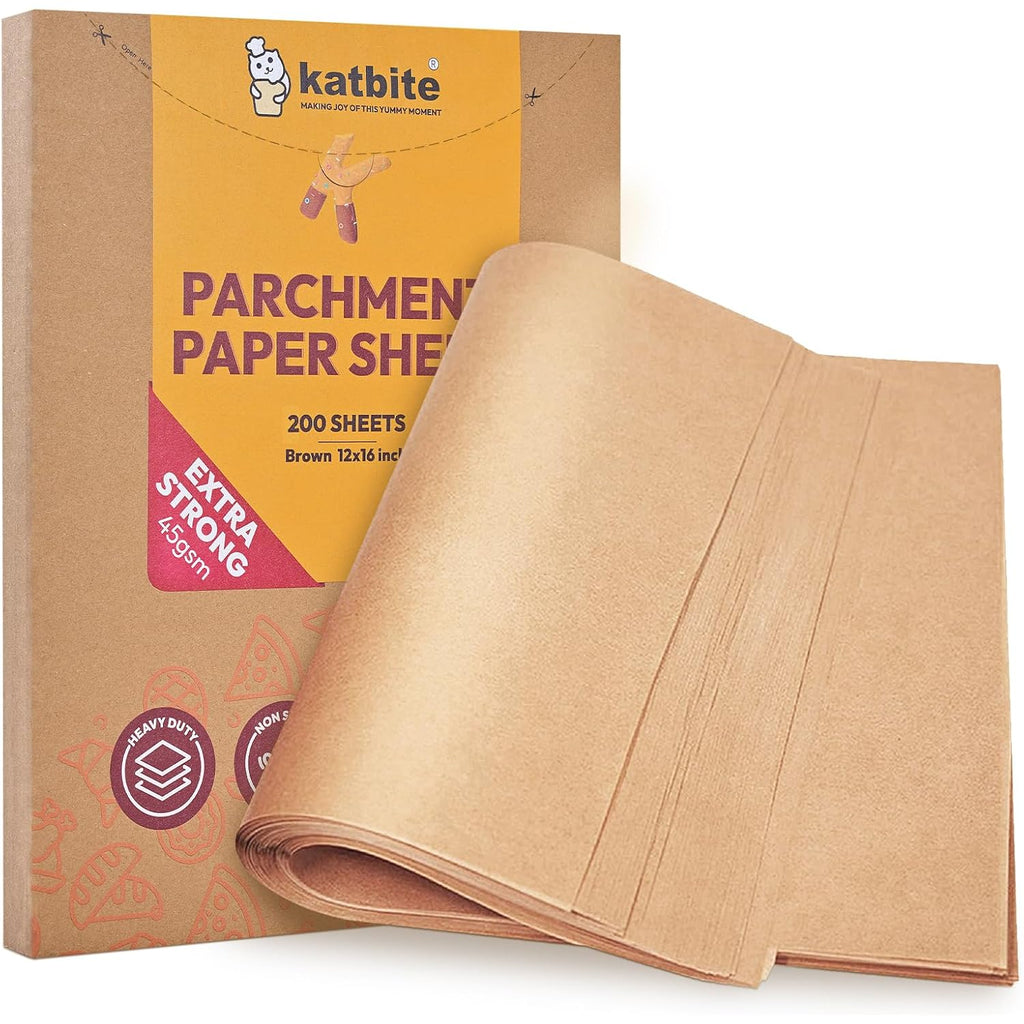 Katbite 200Pcs 12X16 In Unbleached Parchment Paper For Baking, Precut Parchment Paper Sheets, Heavy Duty Flat Baking Paper, Half Sheet Baking Sheets For Baking Cookies, Cooking, Air Fryer, Oven
